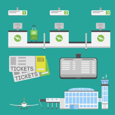 Uçak Havaalanına ulaşım sembolleri tasarım illüstrasyon istasyonu kavramı hava bağlantı noktası sembolleri ayrılış Bagaj uçak iş vektör düz