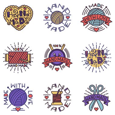 El yapımı iğne işi craft dikiş moda terzi el sanatları öğeleri vektör çizim terzilik rozetleri.