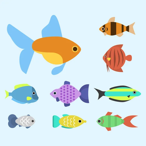 Exótica raza de peces tropicales diferentes colores de raza submarina especies oceánicas acuáticas cepa naturaleza plana vector ilustración . — Vector de stock