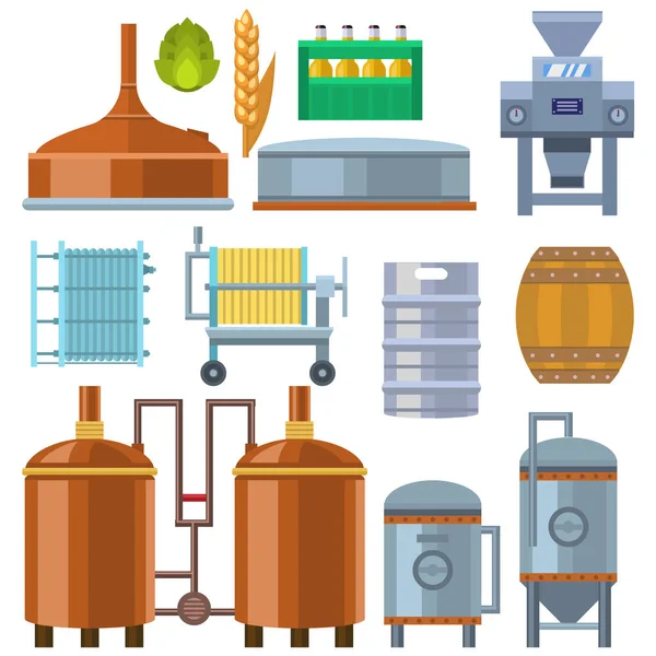 Cerveja cervejaria processo álcool fábrica produção equipamento trituração ebulição arrefecimento fermentação vetor ilustração . —  Vetores de Stock