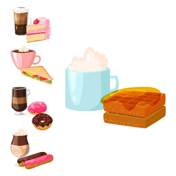 Sladký lískových vdolky lahodný dort šálek kávy ráno pekárna dezert pečivo čerstvé nápoje cappuccino vektorové ilustrace — Stockový vektor