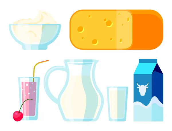 Dairy tejtermékek szerves ital palack egészséges joghurt tejszín táplálkozás farm kalcium reggeli vektoros illusztráció. — Stock Vector