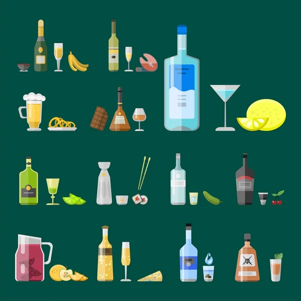 Bebidas alcoólicas bebidas coquetel aperitivo garrafa lager recipiente bêbado diferentes lanches óculos vetor ilustração . — Vetor de Stock