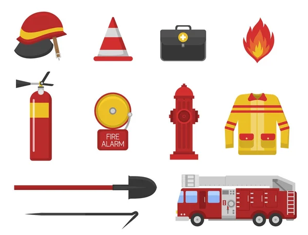 Tűzvédelmi biztonsági berendezések vészhelyzeti eszközök tűzoltó biztonságos veszély baleset védelem vektoros illusztráció. — Stock Vector
