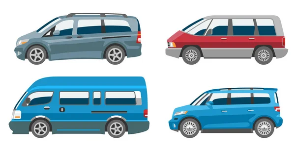 Minivan auto vektor van auto vozidla řady minibus vozidlo a automobil banner citycar izolované na bílém pozadí obrázku — Stockový vektor