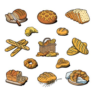Ekmek ve ekmek vektör breadstuff yemek somun veya Baker ekmek fırınları set illüstrasyon izole beyaz arka plan üzerinde fırında baget pişirme