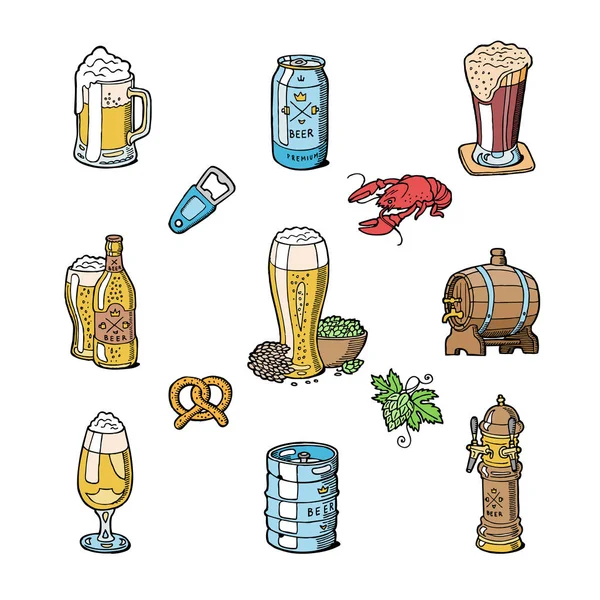 Pivo v pivnici pivovaru vektoru beermug, beerbottle a tmavé pivo nebo beerbarrel v baru na pivní večírek s alkoholem nastavit ilustrace izolované na bílém pozadí — Stockový vektor