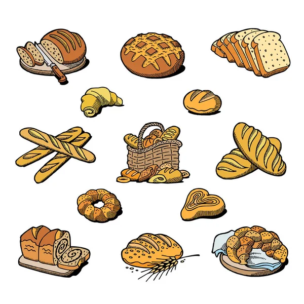 Panificio e pane vettore cottura pane pane pane pane o baguette cotto da panettiere in panetteria set illustrazione isolato su sfondo bianco — Vettoriale Stock