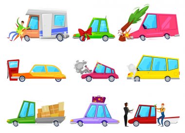 Çizgi film araba kaza vektör komik minicar ve yaya karakter ve minibüs ile otomobil kaza ya da römork ile otomatik illüstrasyon izole beyaz arka plan üzerinde ayarladıktan sonra kırık araç