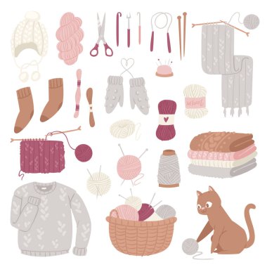 Yün Triko Örgü iğneleri vektör veya örme yün kazak ve yünlü topu handknitting logo ile yavru kedi illüstrasyon izole beyaz arka plan üzerinde ayarla