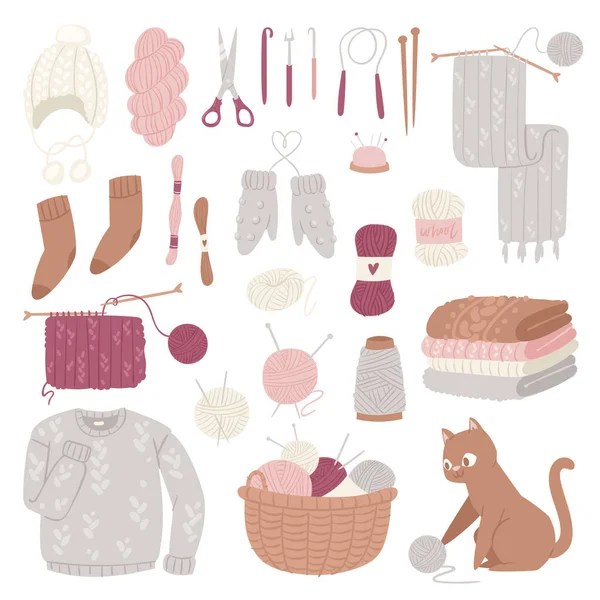 Aiguilles à tricoter tricot vecteur laine tricot ou tricot chandail en laine et chaton avec boule de laine tricot à la main logo ensemble illustration isolé sur fond blanc — Image vectorielle