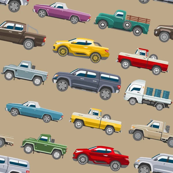 Pick-up gépkocsira vektor varrat nélküli mintát auto szállítás szállítás felfedez terepjáró autó vagy teherautó és makett citycar háttér illusztráció hátteret — Stock Vector