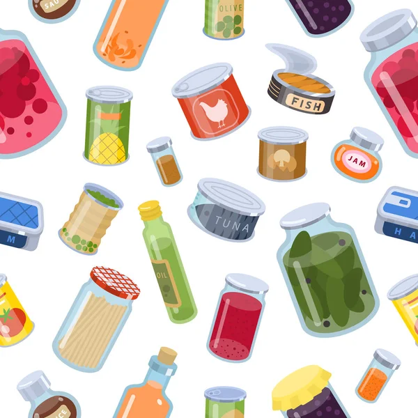Coleção de várias latas enlatados alimentos metal recipiente produto sem costura padrão vetor ilustração . — Vetor de Stock