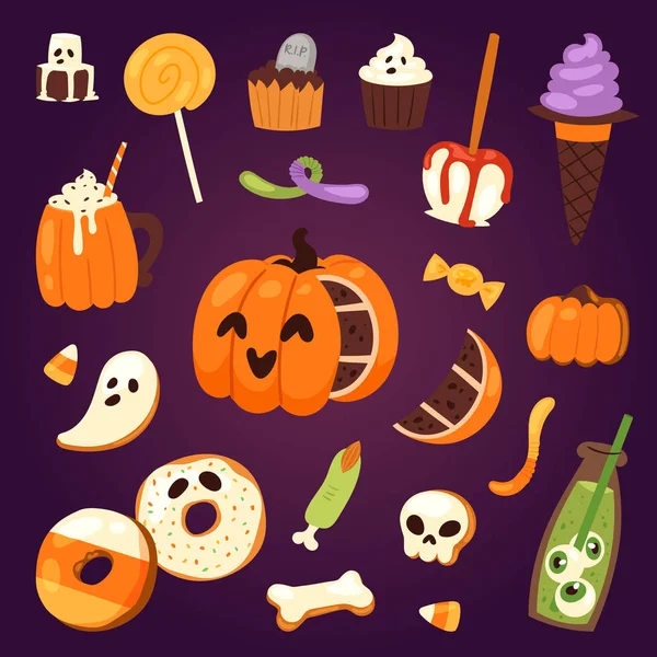Halloween-Plätzchen Symbole von Essen Nacht Kuchen Party Vektor Illustration — Stockvektor