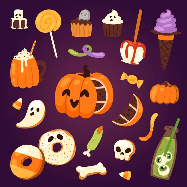 食品の夜ケーキ パーティーのハロウィン クッキー シンボル ベクトル イラスト — ストックベクタ