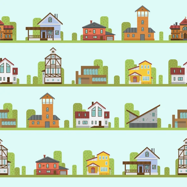Différents bâtiments de la ville architecture vue de rue modèle sans couture maison maison façade vectoriel illustration — Image vectorielle