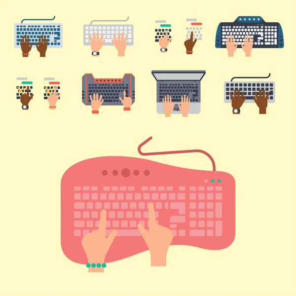 Los usuarios manos en el teclado y el ratón de la tecnología informática de Internet herramienta de mecanografía trabajo vector ilustración — Vector de stock