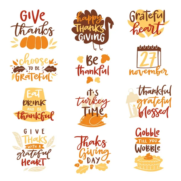 Thanksgiving decoration lettering invintation logo badge design harvest november celebrate background vector illustration — Stock Vector