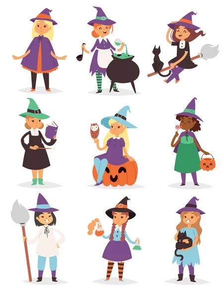 Милая векторная ведьма Хэллоуин маленькая девочка harridan с метлой с медной мультяшной магии юная ведьма платье персонажа костюма шляпа колдовство иллюстрация — стоковый вектор