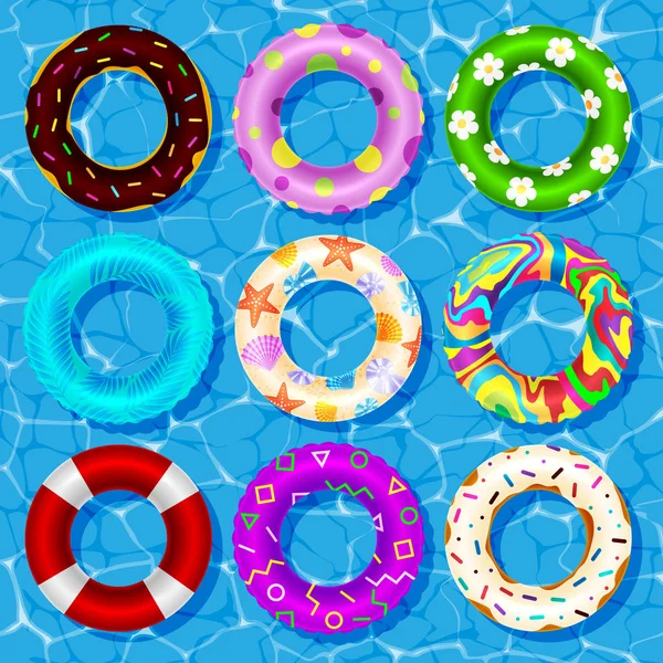 Vista superior colección de vectores de anillos de goma flotando en la piscina salvavidas de agua de seguridad, equipo . — Vector de stock