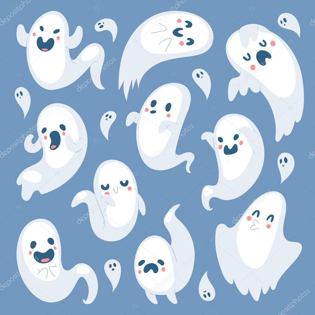 Cartoon spooky ghost Halloween Day celebrate character scary monster costume evil silhouette creepy vector illustration.