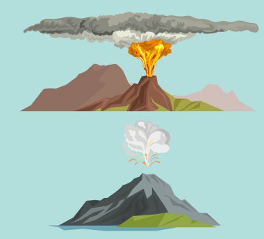Volkan magma doğa duman volkanik patlama lav dağ vektör çizim ile havaya