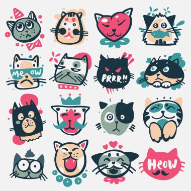 Karikatür kedi kafaları vektör illüstrasyon sevimli hayvan komik karakterler yüz yerli pet