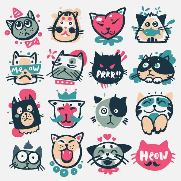 Cartoon cat heads vector illustration cute animal funny characters face domestic pet — Stock Vector