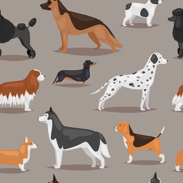 Diferentes perros crían lindo cachorro cachorro cachorro caracteres sin costura patrón de fondo — Vector de stock