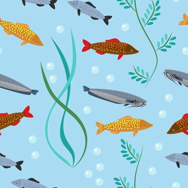 Exotiska tropiska fiskar undervattens havet eller akvarium aquatic nature sömlösa mönster bakgrund vektor — Stock vektor