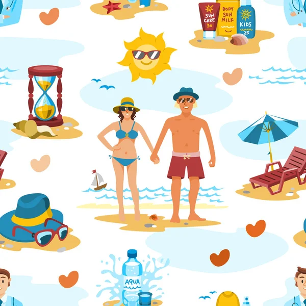 Couple familial sur la plage personnages vectoriels personnes amoureux de romance vacances voyage temps sans couture motif vectoriel arrière-plan — Image vectorielle