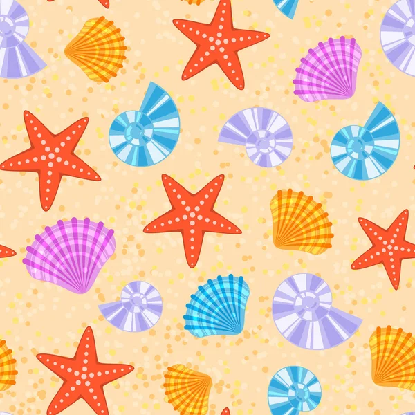 Sea shells and stars marine cartoon clam-shell seamless pattern background vector illustration — Stock Vector