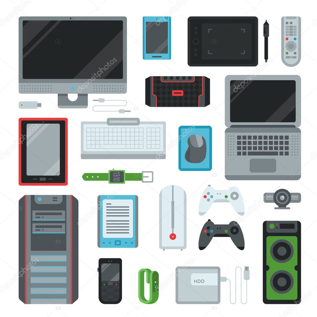 Electronic computer devices gadgets icons technology multimedia devices everyday objects control vector illustration.