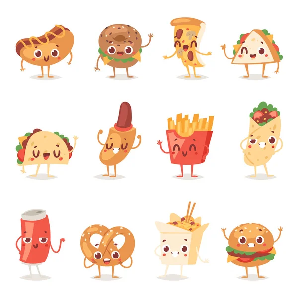 Fast food sorriso vettore personaggi dei cartoni animati espressione di hamburger o cheeseburger con fast-food emozione di hamburger o icone emoticon hot dog e soda drink emoji illustrazione isolata su sfondo — Vettoriale Stock