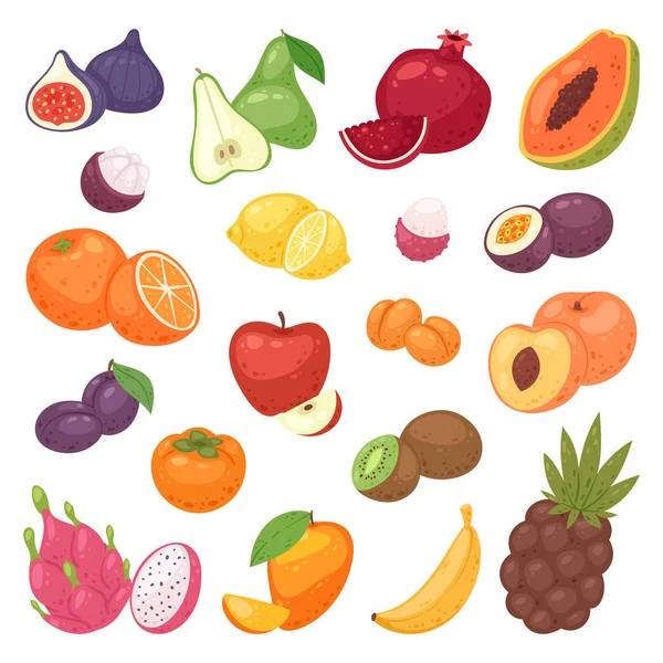 Frutta vettore fruttato mela banana e papaia esotica con fette fresche di frutta del drago tropicale o succosa illustrazione arancione fruttuoso set isolato su sfondo bianco — Vettoriale Stock