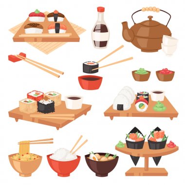 Japon yemekleri vektör yemek suşi sashimi rulo veya nigiri ve deniz ürünleri Japonya Restoran illüstrasyon yemek çubukları ile Japanization mutfağı pirinç ile izole üzerinde beyaz arka plan ayarlamak