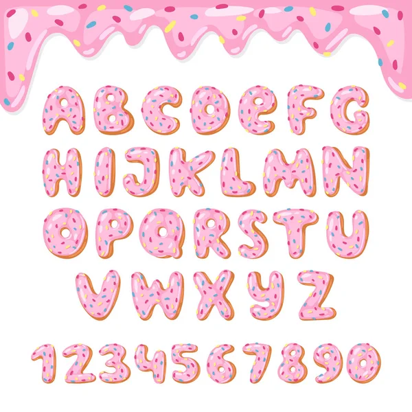 Alfabeto ciambella vettore bambini alfabetico ciambelle font ABC con lettere rosa e numeri smaltati con glassa o dolce tipografia alfabetica per felice compleanno illustrazione isolato su sfondo bianco — Vettoriale Stock