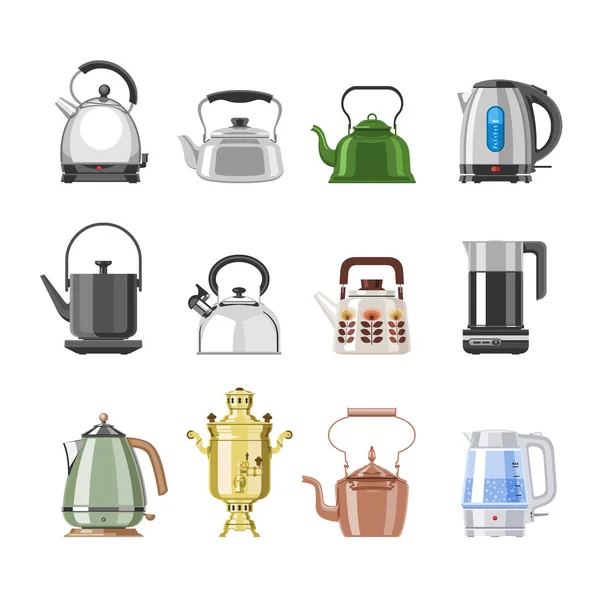 Чайник и чайник векторный чайник или самовар пить чай на чай и вареный кофе напиток в электрическом котле в кухне иллюстрации кухонные принадлежности набор изолированы на белом фоне — стоковый вектор