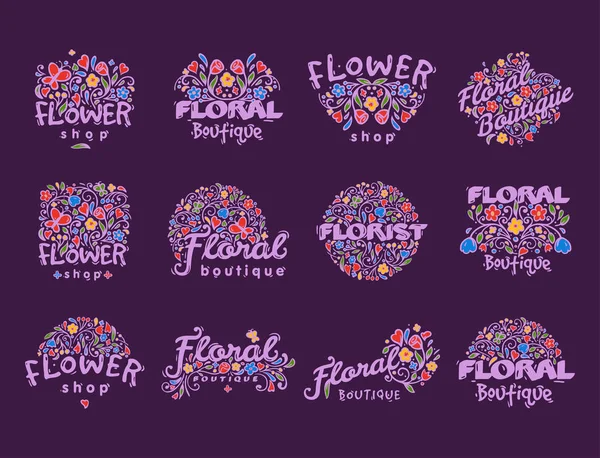 Bright badge for flower shop decorative hand drawn frame template for floral business nature banner vector illustration. — Stock Vector