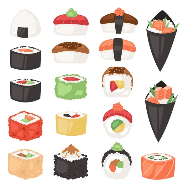 Comida japonesa vector sushi sashimi roll o nigiri y aperitivo con arroz de mariscos en Japón restaurante ilustración cocina japonesa conjunto aislado sobre fondo blanco — Vector de stock