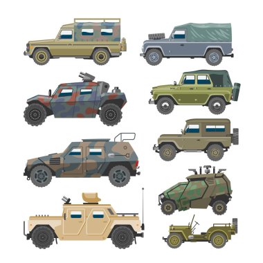 Military vehicle vector army car and armored truck or armed machine illustration set of war transportation isolated on white background clipart