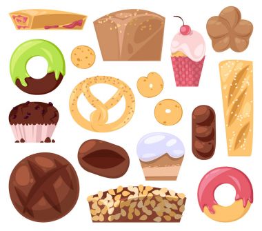 Pasta ekmek veya somun ve kahvaltı illüstrasyon kurabiye ve kek fırında çörek pişirme fırın vektör izole üzerinde beyaz arka plan belirleme