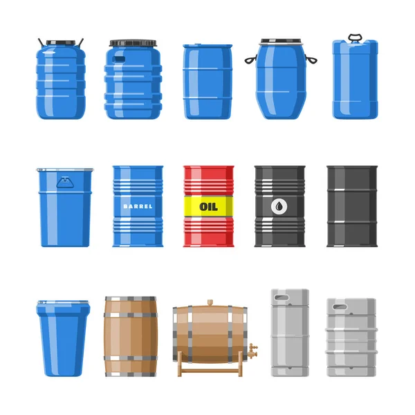 Barils vecteurs barils d'huile avec carburant et vin ou bière barils en fûts de bois illustration barils d'alcool dans des récipients ou un ensemble de stockage isolé sur fond blanc — Image vectorielle