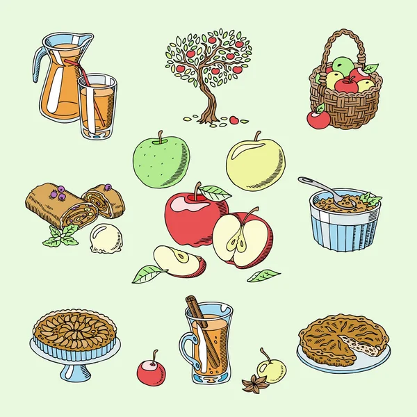 Maçãs vetor comida saudável maçã e suco de maçã de frutas frescas no jardim com appletrees ilustração do conjunto isolado no fundo — Vetor de Stock