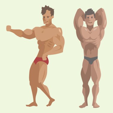 Vücut geliştirmeci sporcu vektör karakter kas sakallı adam fitness erkek güçlü athlets model vücut geliştirme spor spor çizgi film tarzı illüstrasyon poz