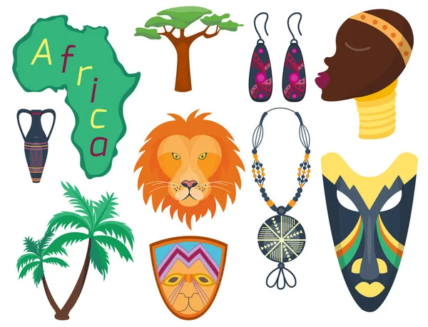 Afrika vektoros ikonok dzsungel törzsi és maszáj etnikai afrikai nő ősi safari hagyományos utazási kultúra illusztráció — Stock Vector