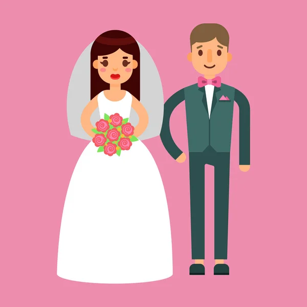 Casamento casal bela modelo menina em vestido branco e homem de terno noiva vetor ilustração — Vetor de Stock