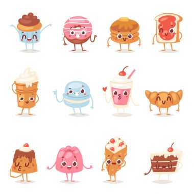 Pasta karakter vektör çikolata tatlılar şekerlemeler cupcake duygu ve tatlı konfeksiyon tatlı caked şekerleri confected illüstrasyon donut ekmek küme beyaz arka plan üzerinde izole ile çizgi film