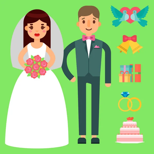 Esküvő menyasszony és a vőlegény vektor pár meghívás ünnepe beállítása lapos évforduló romantika dekoráció ikonok illusztráció — Stock Vector