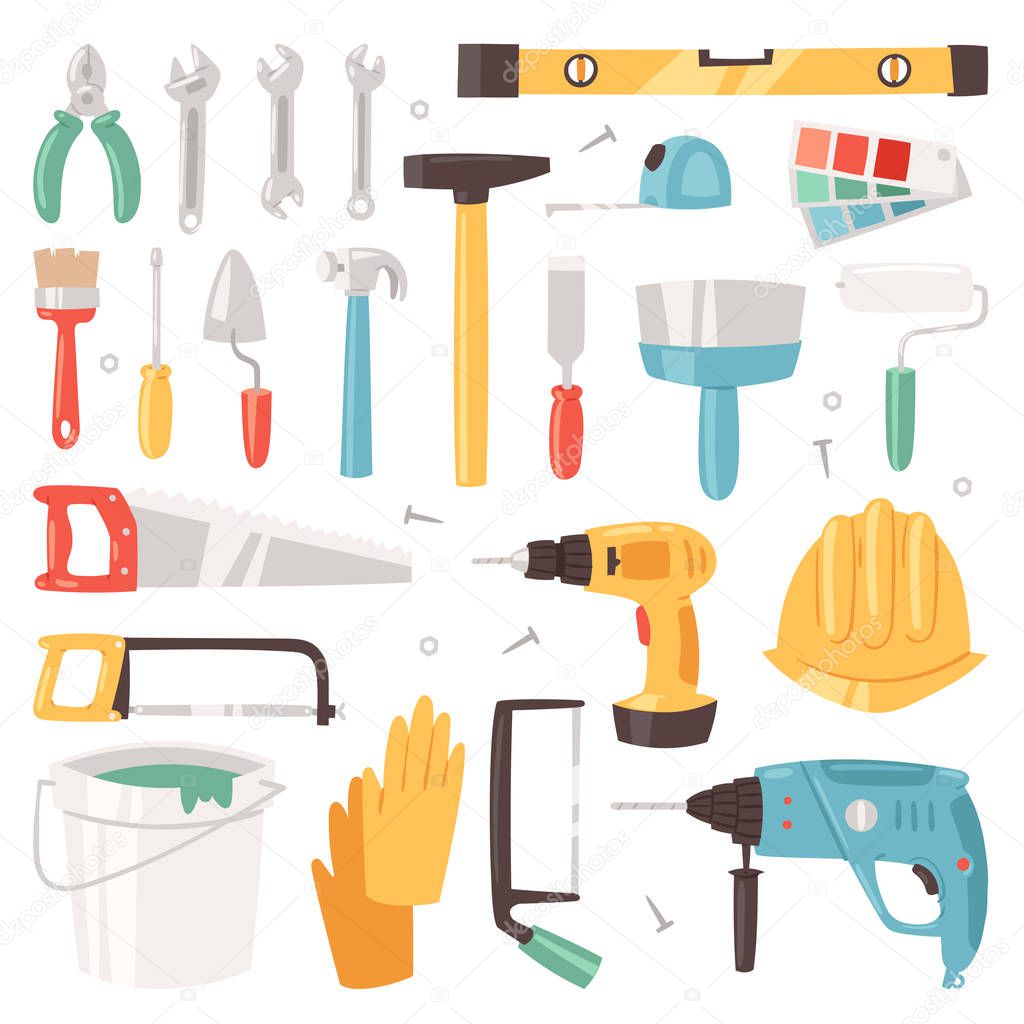Construction equipment vector constructive tools of builder or constructor with hammer and screwdriver illustration of carpenters toolbox set isolated on white background
